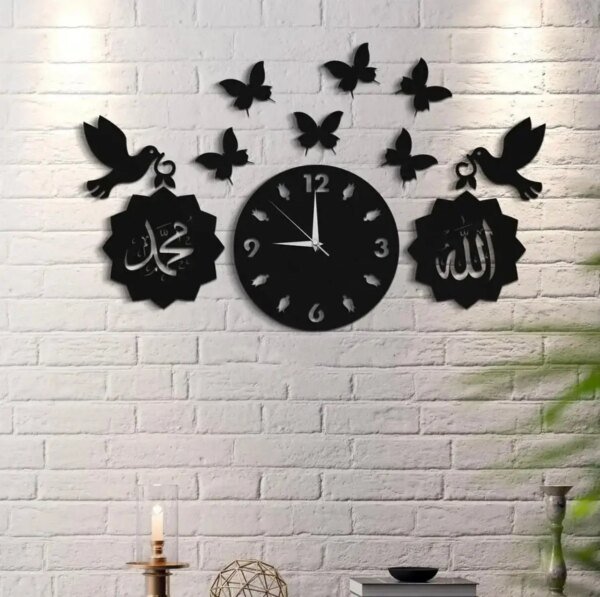 a clock with two frames and butterflies on the wall