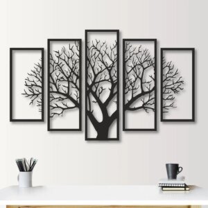 Best Calligraphic Pieces for Making Your Walls Beautiful five frames with tree on the table and cup, pencils are on the table. Five Frames Tree 3D art Decor