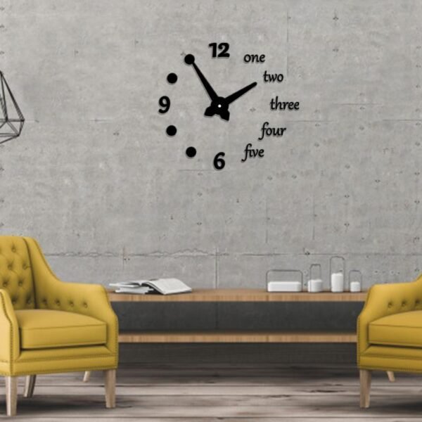 a room with clock, yellow chairs and a coffee table. Numbers And Words Acrylic Wall Clock