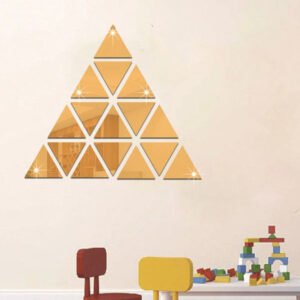 Acrylic mirrors hang on the wall, reflecting the frames of other mirrors. Triangle Shaped Mirror Acrylic Wall Decor