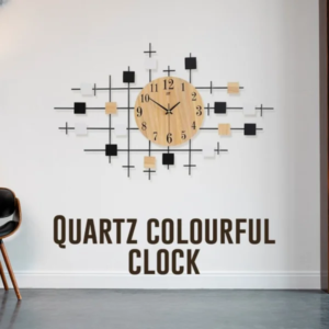 a colorful clock on a wall. Quartz Colorful Wooden Clock