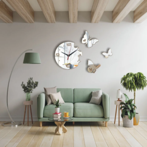 a clock and three butterflies on the wall