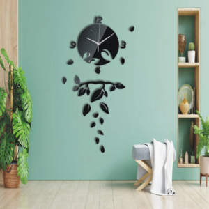 a black clock and leaf on the wall. Luxury 3d Tree Acrylic Mirror Wall Clock