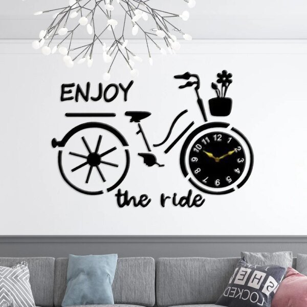 a cycle style clock on the wall and text written on the wall for wall decoration