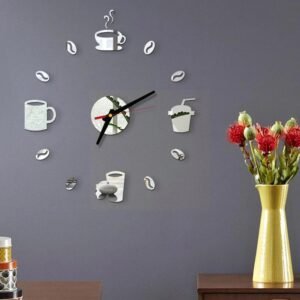 a silver color clock on the wall with cup and glass