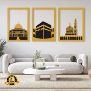 three black and yellow color frames on the wall. Islamic Acrylic wall frames