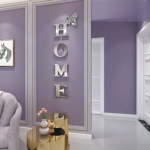 a purple living room with a couch and a table. Home Letter Acrylic Mirror Sign