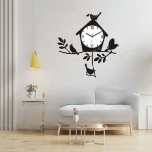 a black color clock with four birds on the wall for wall decoration. Birds with Nest Large Wall Clock