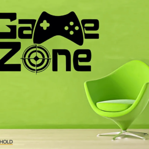 a table and a chair and text written on the wall. Game Zone Play Area Wall Art